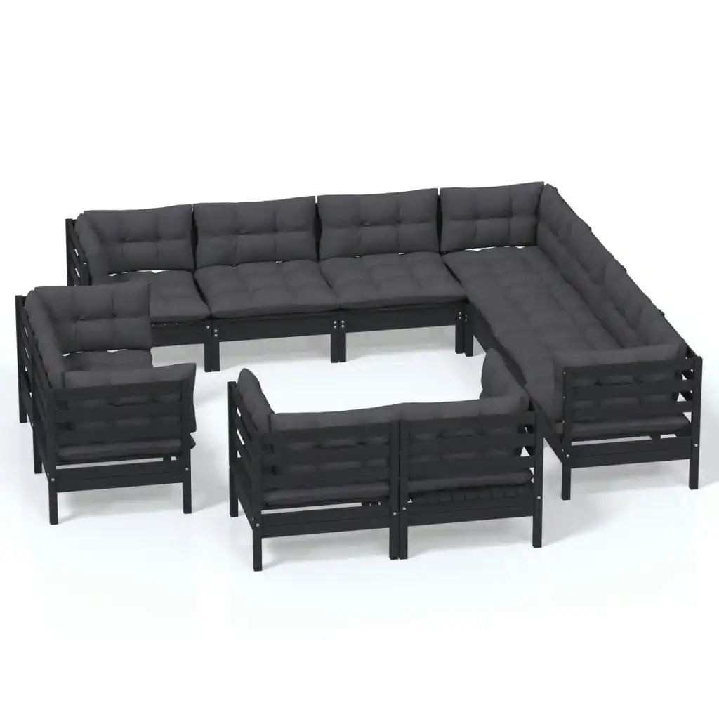 11 Piece Garden Lounge Set with Cushions Black Solid Pinewood 3096939