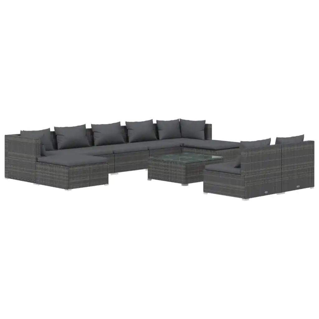10 Piece Garden Lounge Set with Cushions Grey Poly Rattan 3102013