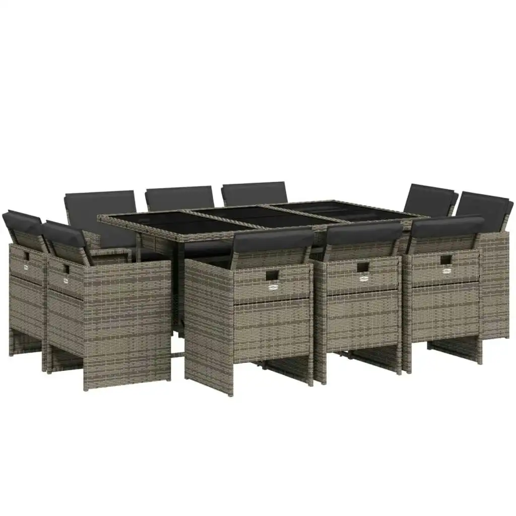 11 Piece Garden Dining Set with Cushions Grey Poly Rattan 3210668