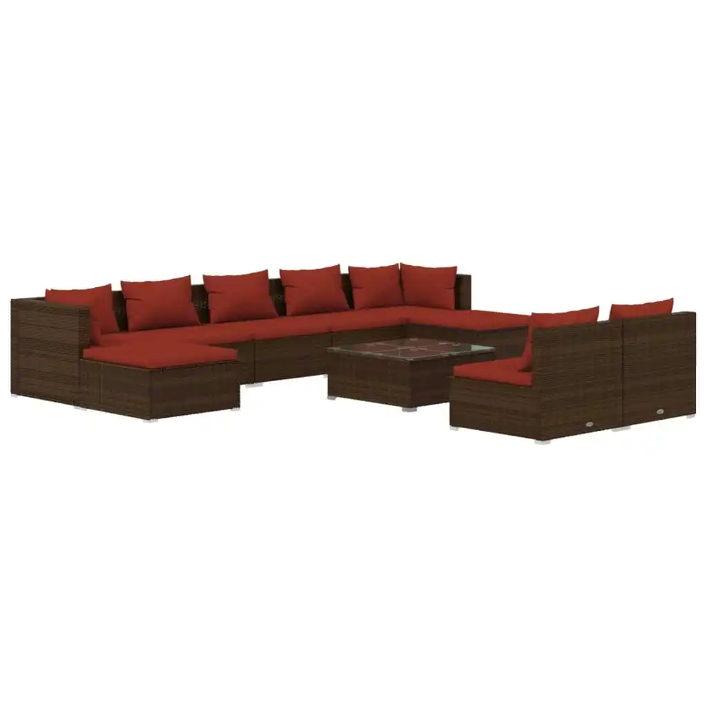 10 Piece Garden Lounge Set with Cushions Brown Poly Rattan 3102011