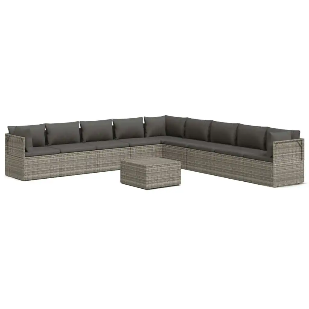 10 Piece Garden Lounge Set with Cushions Grey Poly Rattan 3157410