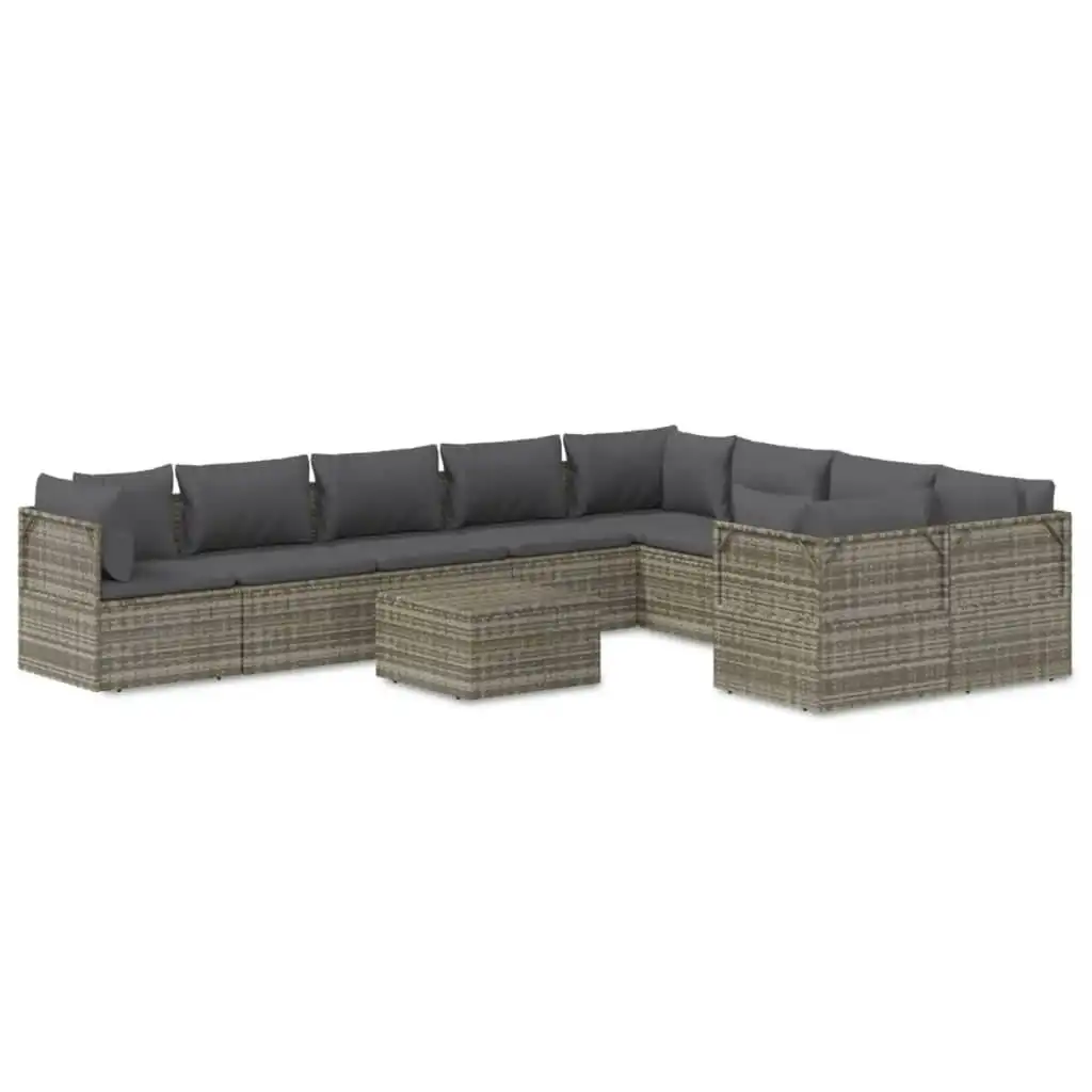 10 Piece Garden Lounge Set with Cushions Grey Poly Rattan 3157490