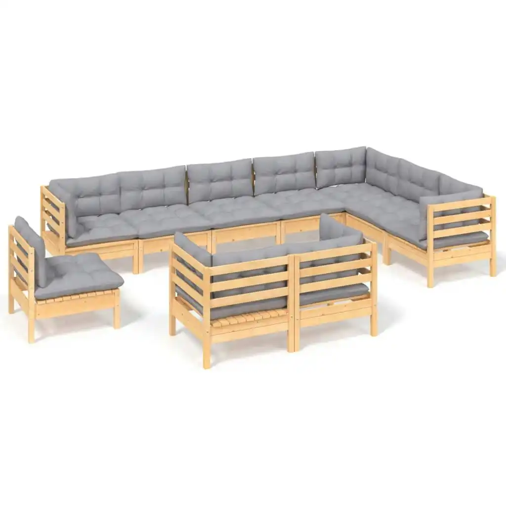 10 Piece Garden Lounge Set with Grey Cushions Solid Pinewood 3096778