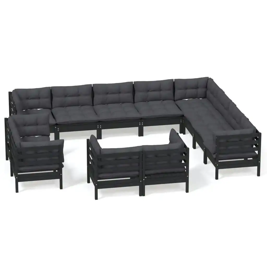 12 Piece Garden Lounge Set with Cushions Black Solid Pinewood 3096951
