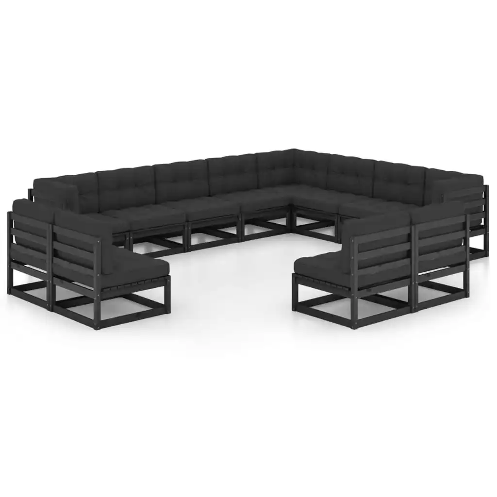 12 Piece Garden Lounge Set with Cushions Black Solid Pinewood 3076948