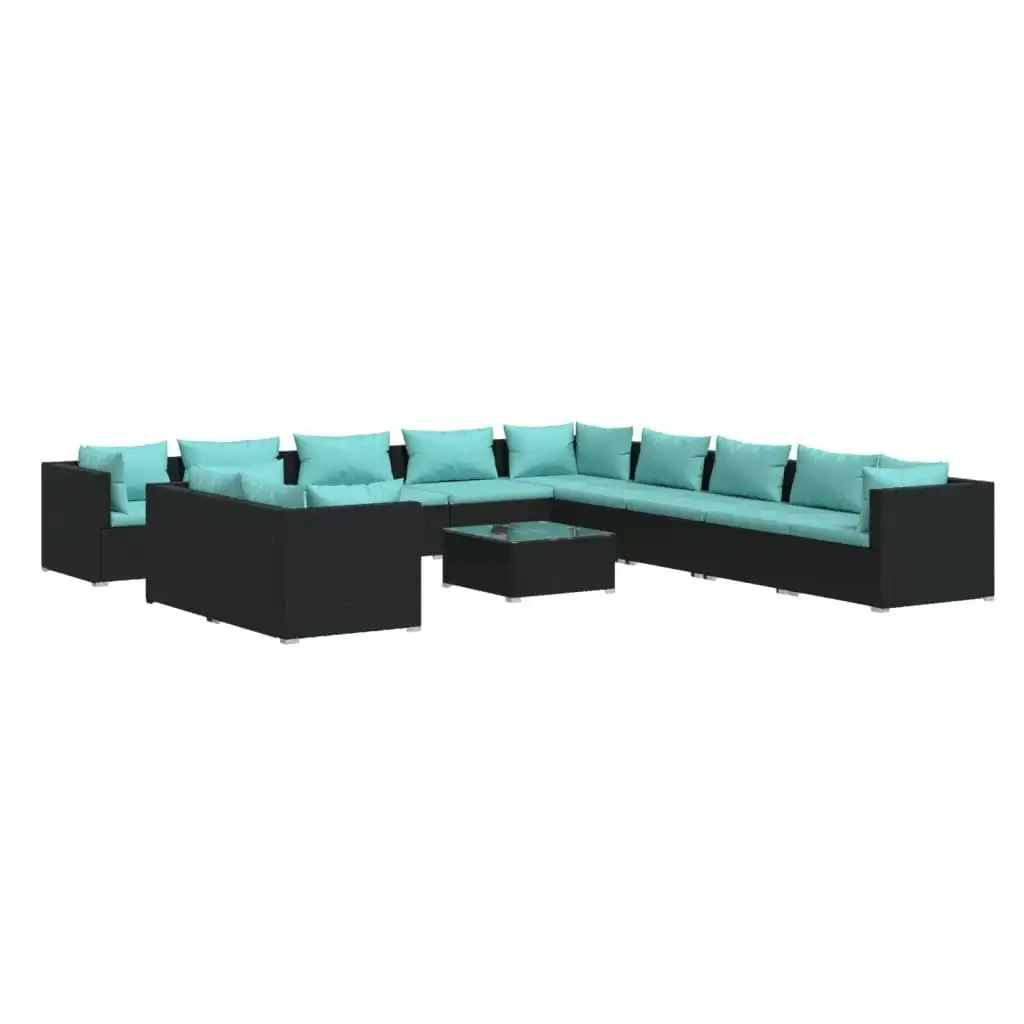 12 Piece Garden Lounge Set with Cushions Black Poly Rattan 3102537
