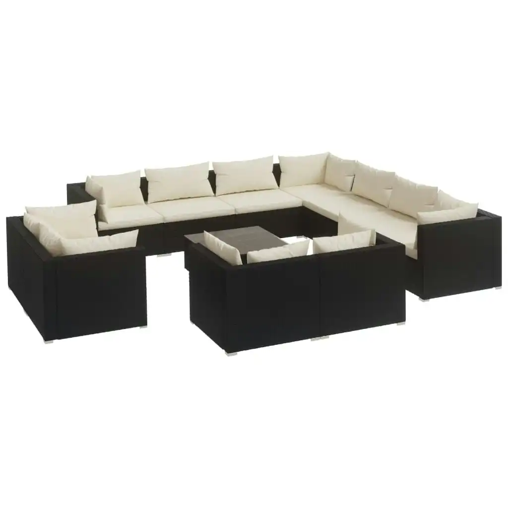 12 Piece Garden Lounge Set with Cushions Black Poly Rattan 3102879