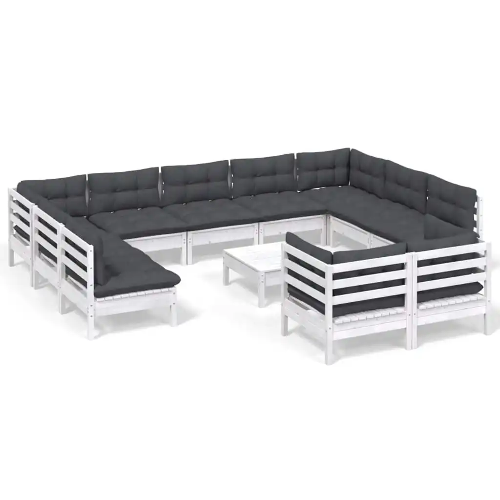 12 Piece Garden Lounge Set with Cushions White Solid Pinewood 3097266