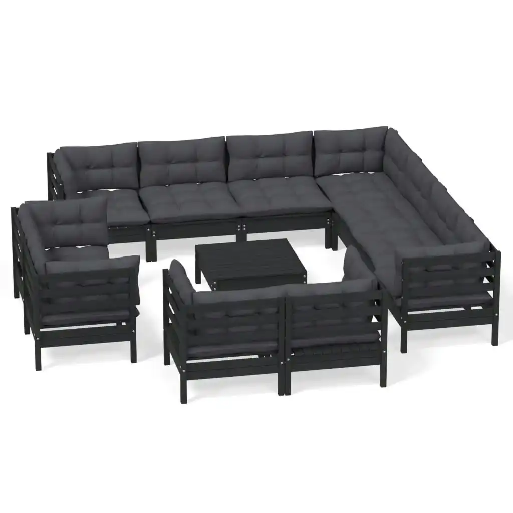 12 Piece Garden Lounge Set with Cushions Black Solid Pinewood 3096945