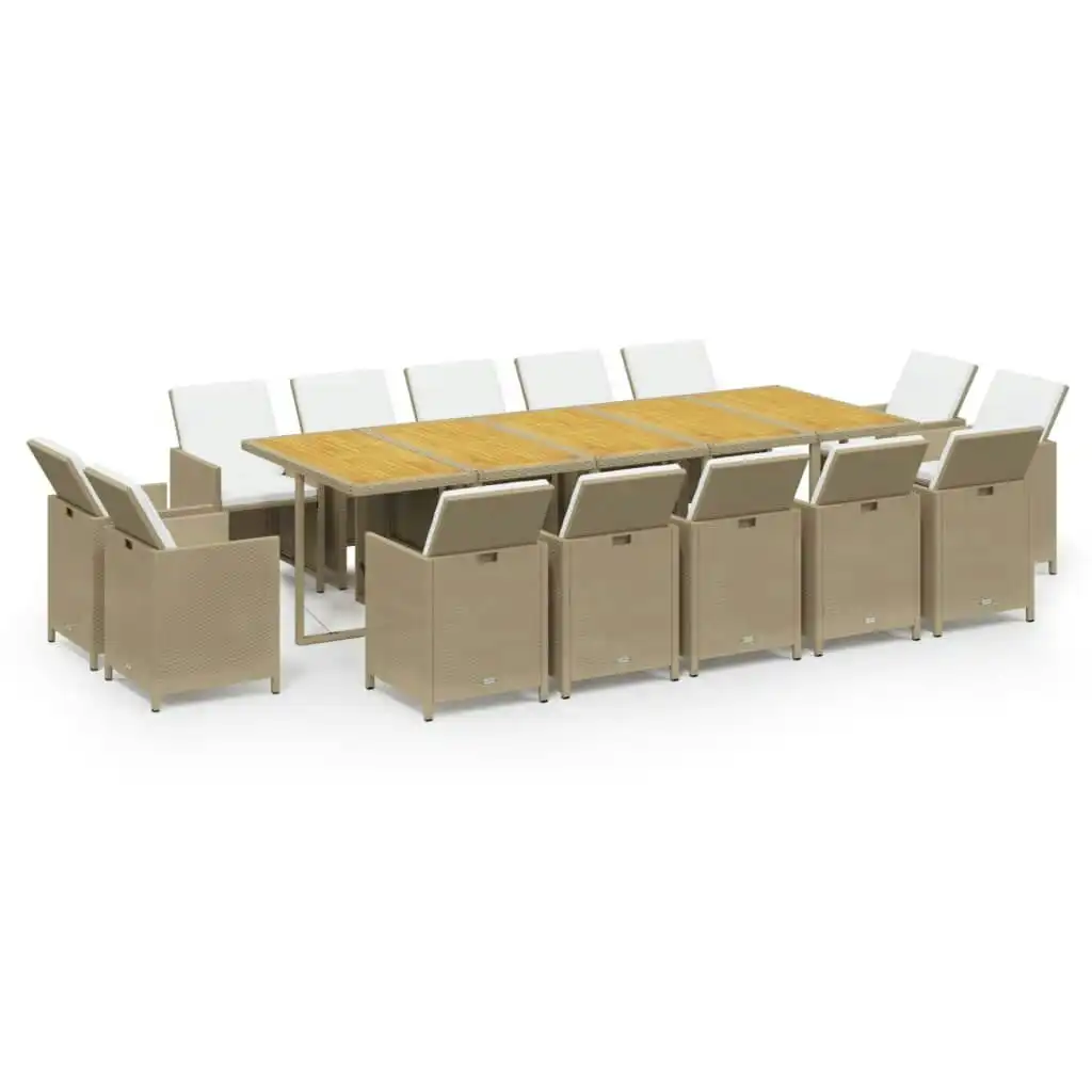 15 Piece Garden Dining Set with Cushions Poly Rattan Beige 3095609