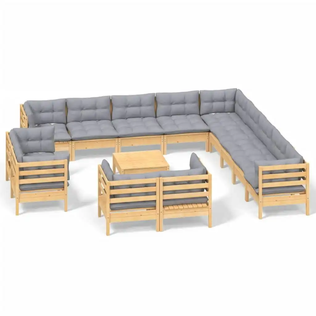 14 Piece Garden Lounge Set with Grey Cushions Solid Pinewood 3096964