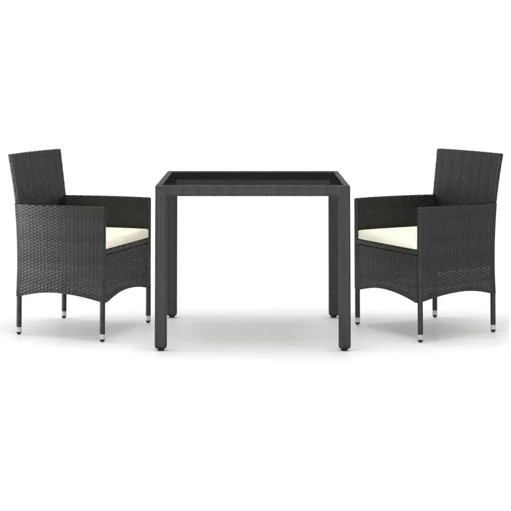 3 Piece Garden Dining Set Poly Rattan and Tempered Glass Black 3058398