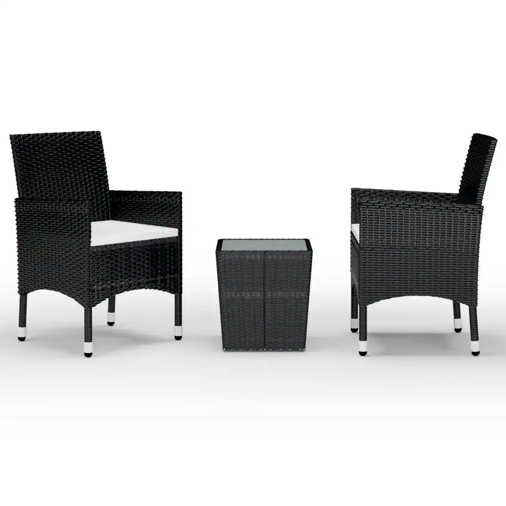 3 Piece Bistro Set Poly Rattan and Tempered Glass Black 3058358