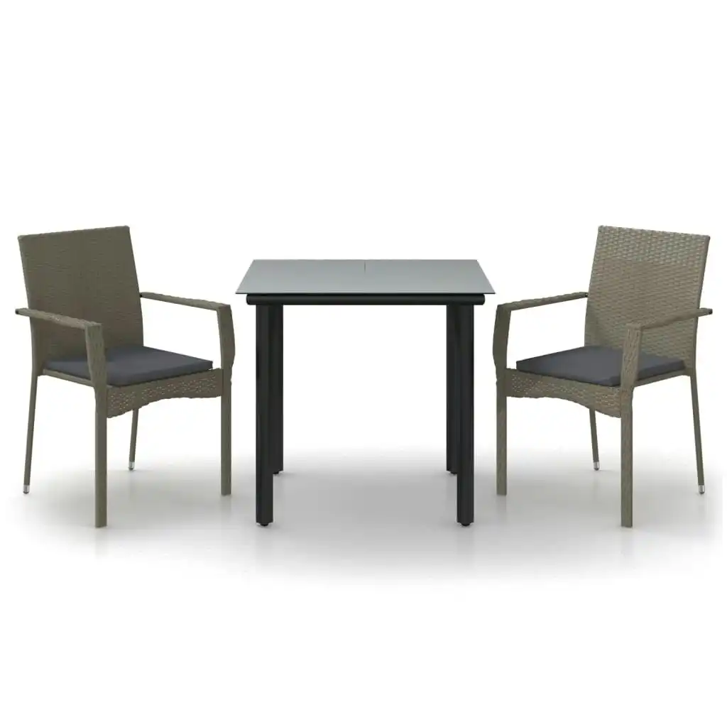 3 Piece Garden Dining Set with Cushions Black and Grey Poly Rattan 3185137
