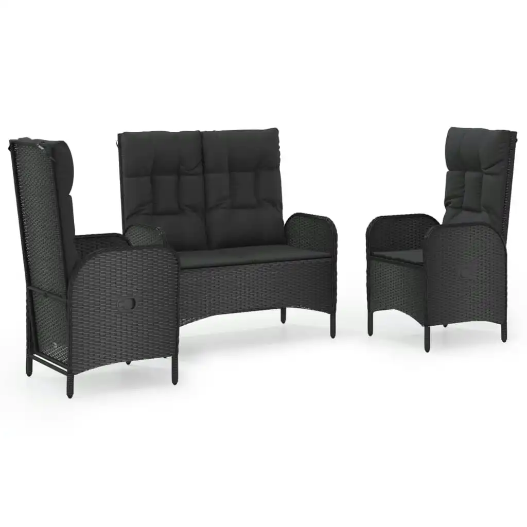 3 Piece Garden Dining Set with Cushions Black Poly Rattan 3185093