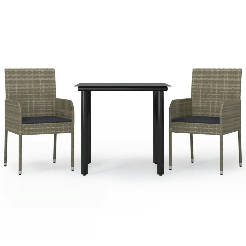 3 Piece Garden Dining Set with Cushions Black and Grey Poly Rattan 3185161