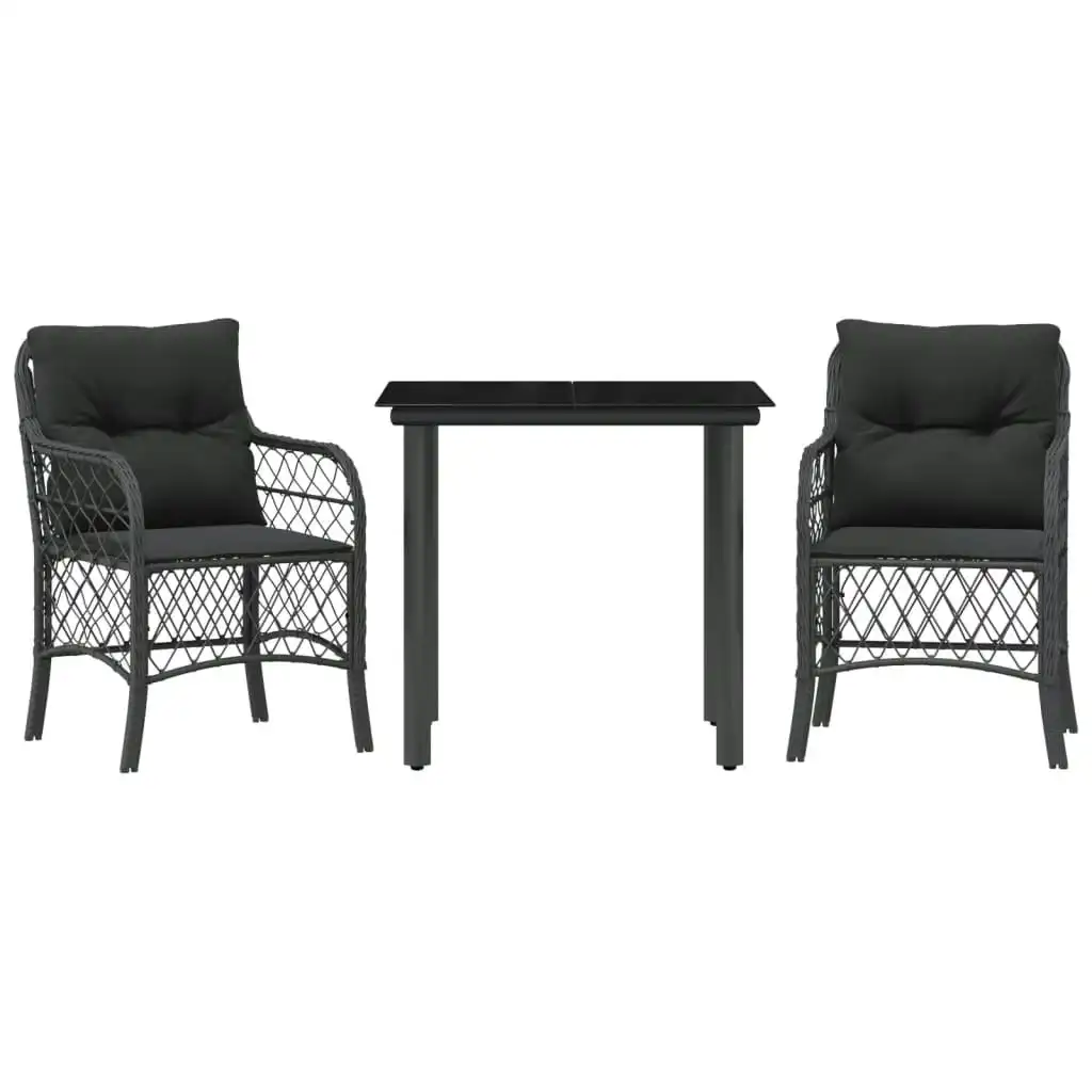3 Piece Bistro Set with Cushions Black Poly Rattan 3212103