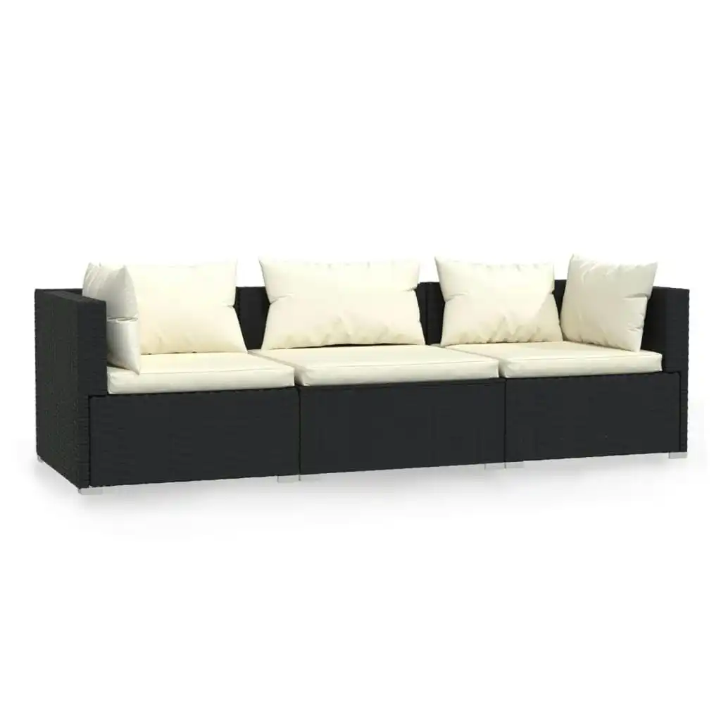 3-Seater Sofa with Cushions Black Poly Rattan 317489