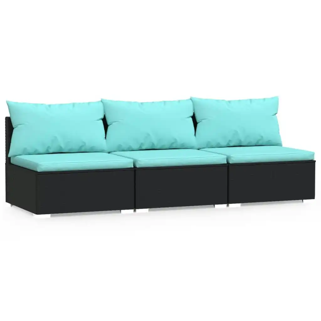 3-Seater Sofa with Cushions Black Poly Rattan 317539