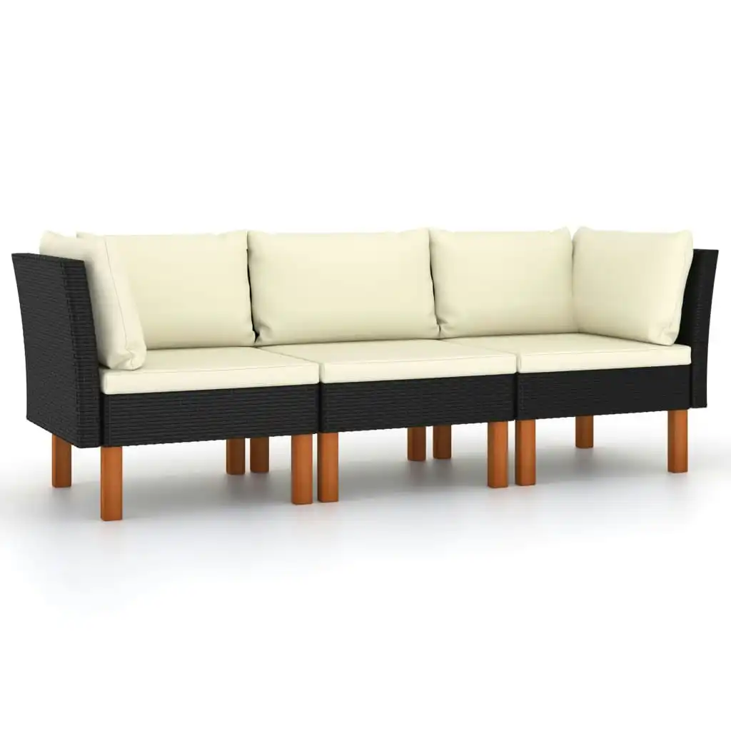 3-Seater Garden Sofa with Cushions Black Poly Rattan 3059729