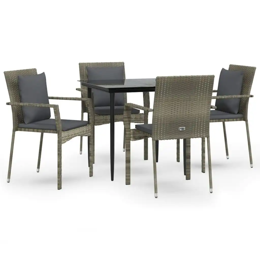 5 Piece Garden Dining Set with Cushions Black and Grey Poly Rattan 3185102
