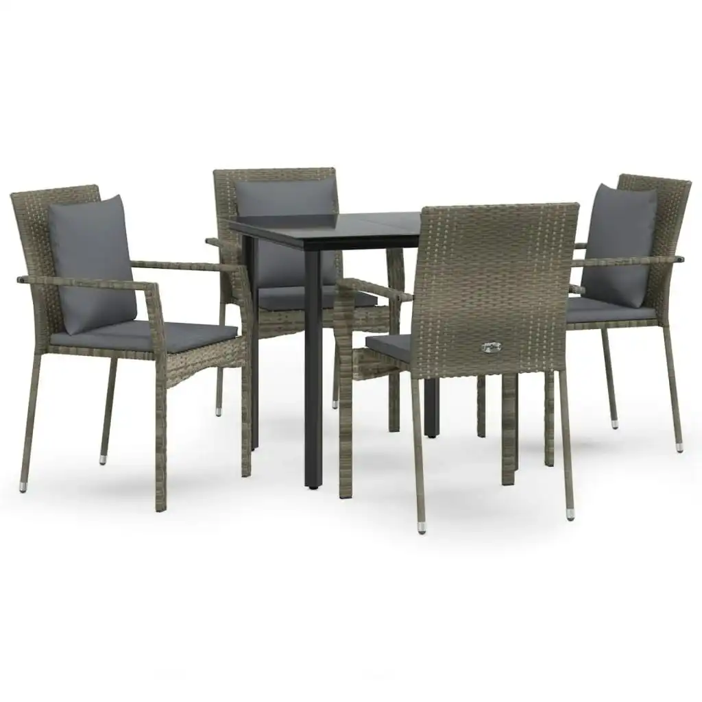 5 Piece Garden Dining Set with Cushions Black and Grey Poly Rattan 3185114