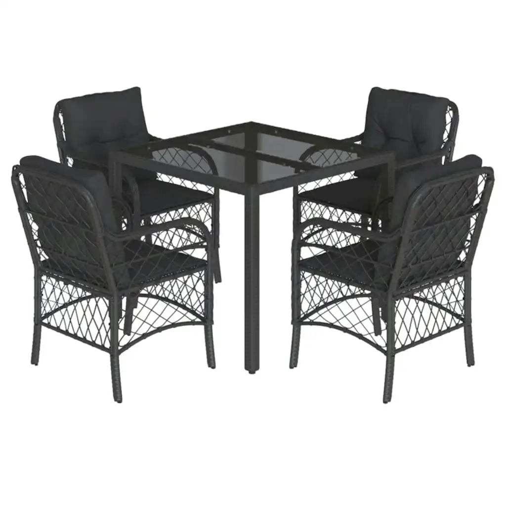 5 Piece Garden Dining Set with Cushions Black Poly Rattan 3212025