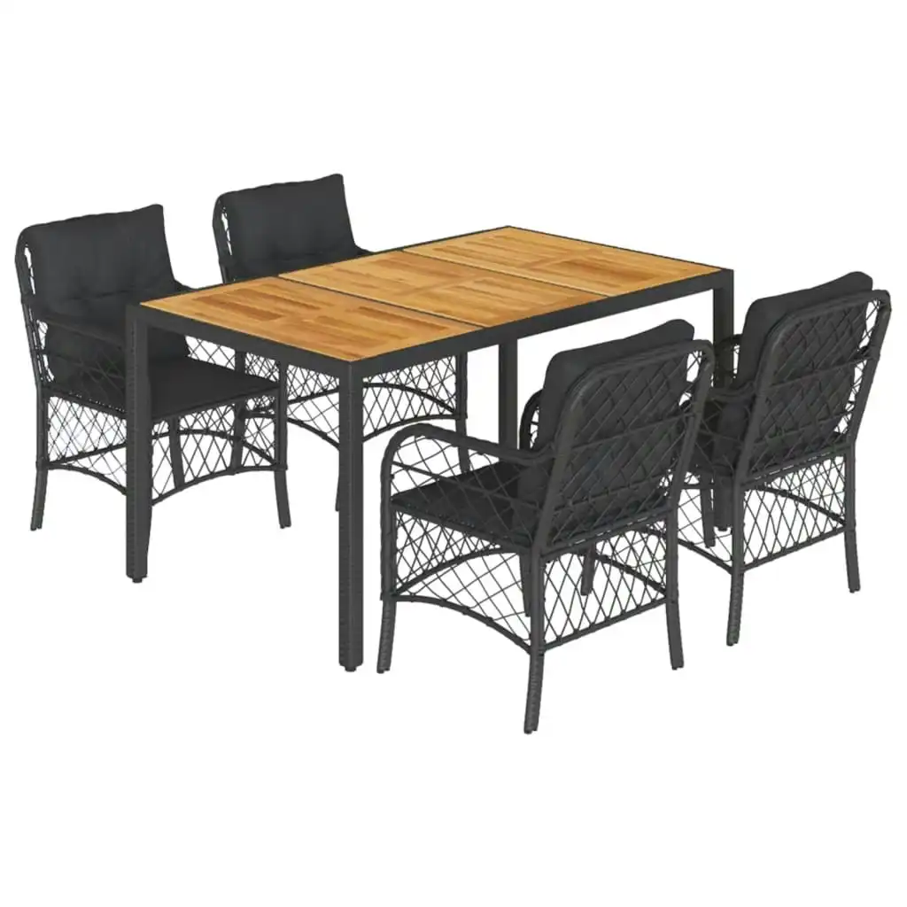 5 Piece Garden Dining Set with Cushions Black Poly Rattan 3212044