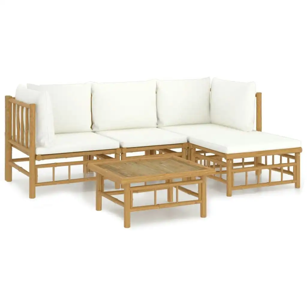 5 Piece Garden Lounge Set with Cream White Cushions  Bamboo 3155178