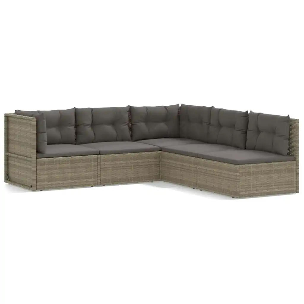 5 Piece Garden Lounge Set with Cushions Grey Poly Rattan 3187179
