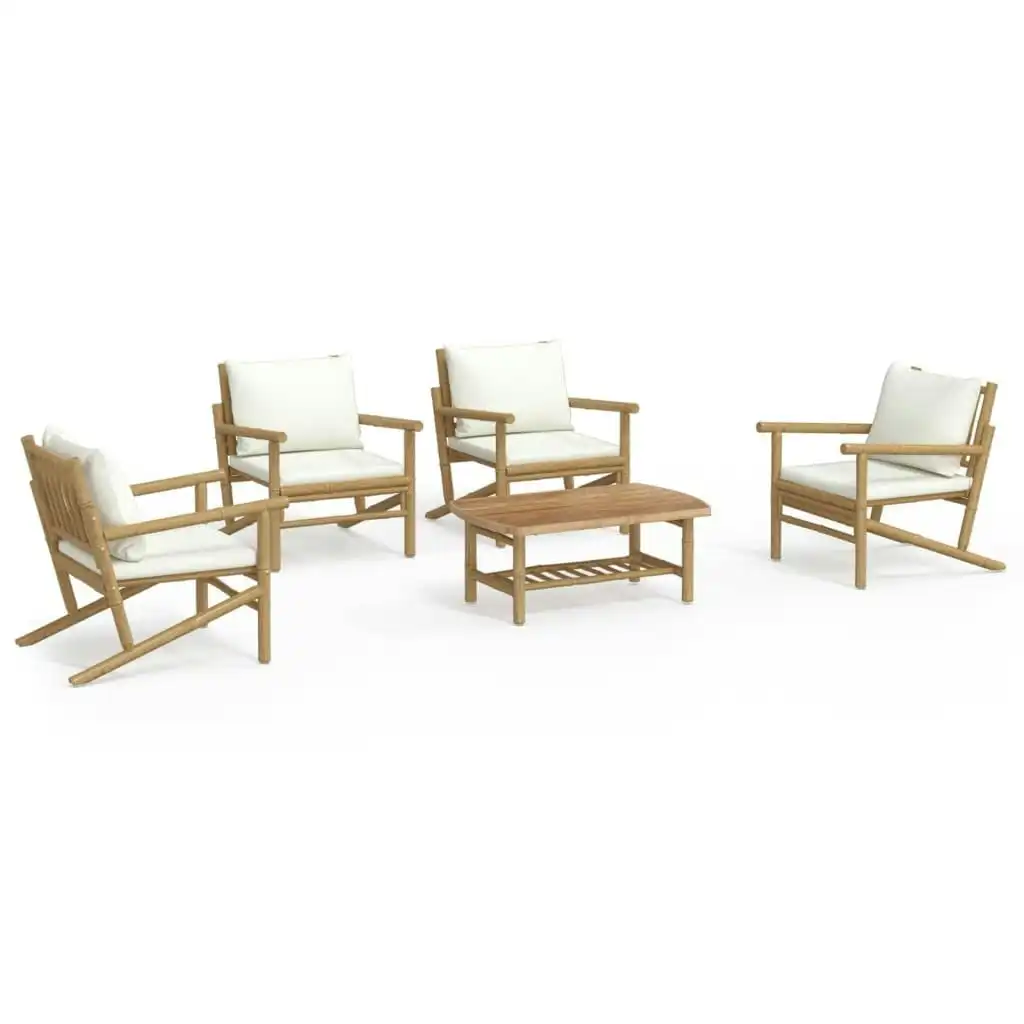 5 Piece Garden Lounge Set with Cream White Cushions Bamboo 3156477