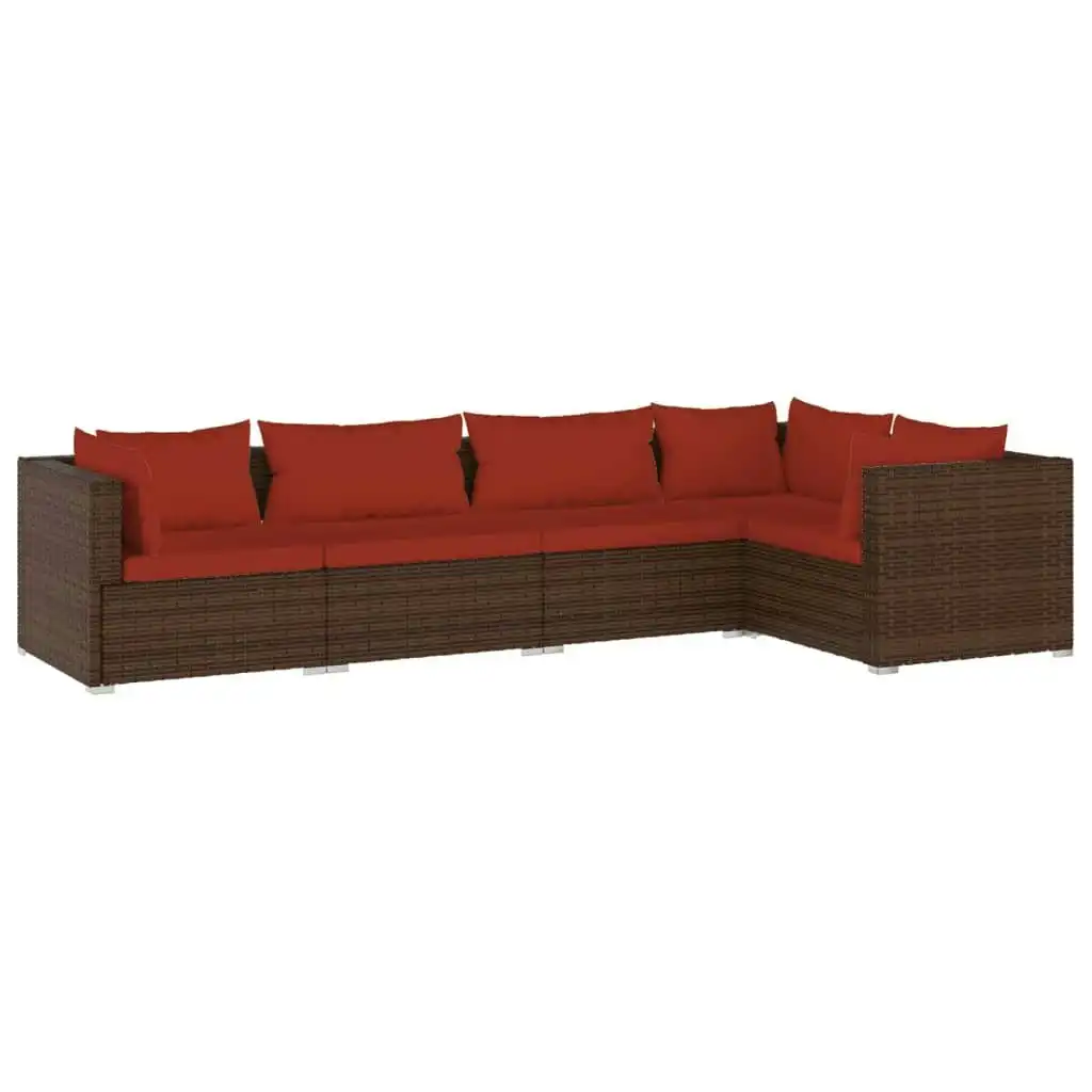 5 Piece Garden Lounge Set with Cushions Poly Rattan Brown 3101691