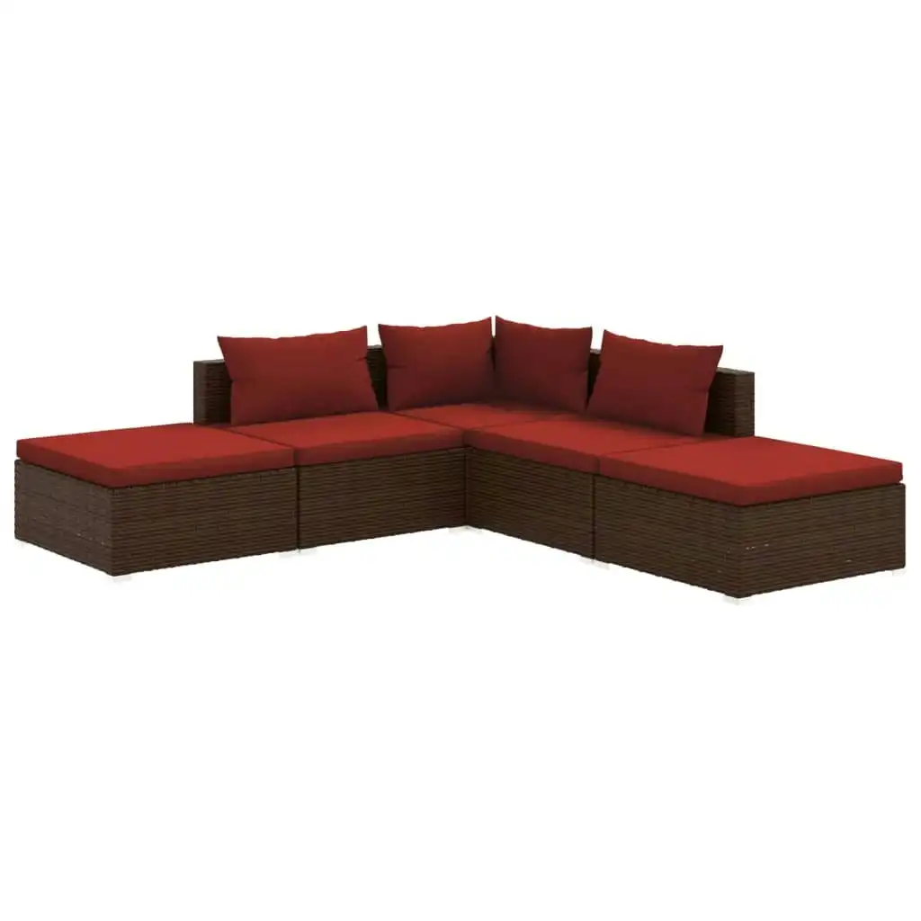 5 Piece Garden Lounge Set with Cushions Poly Rattan Brown 3101611