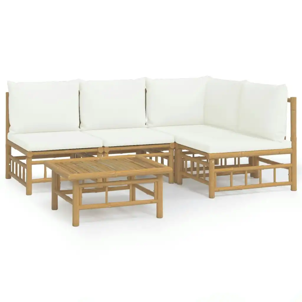 5 Piece Garden Lounge Set with Cream White Cushions  Bamboo 3155202