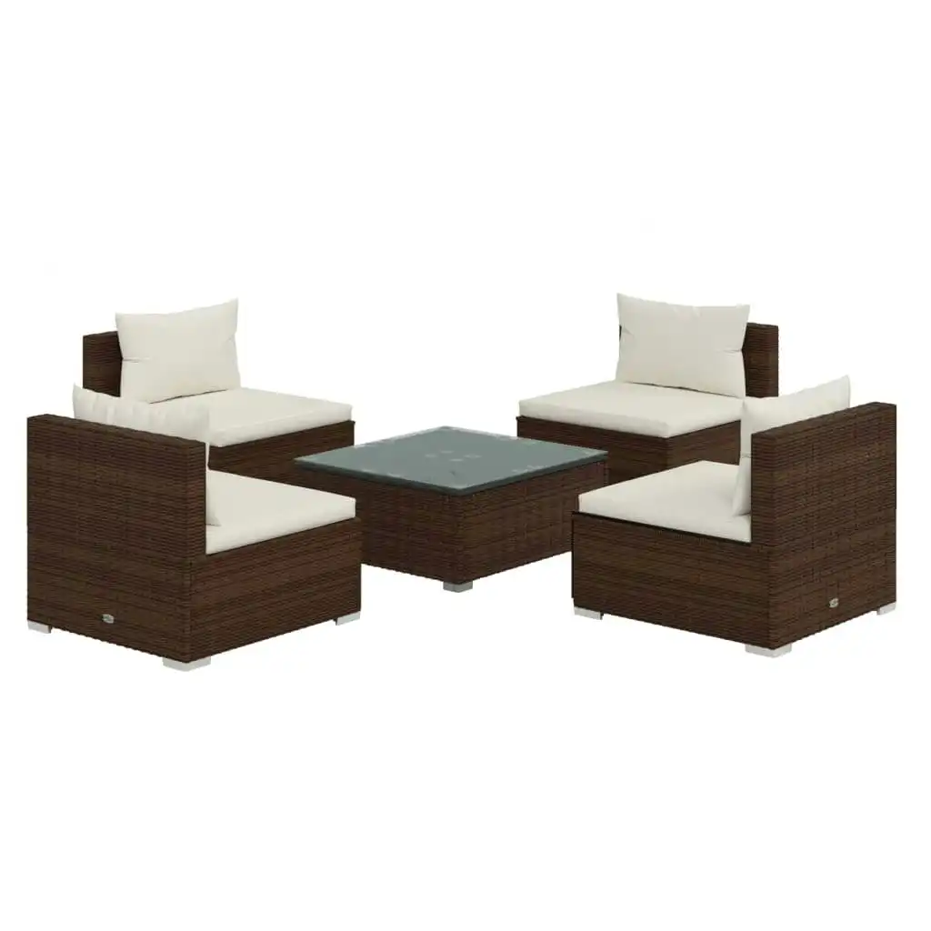5 Piece Garden Lounge Set with Cushions Poly Rattan Brown 3101522