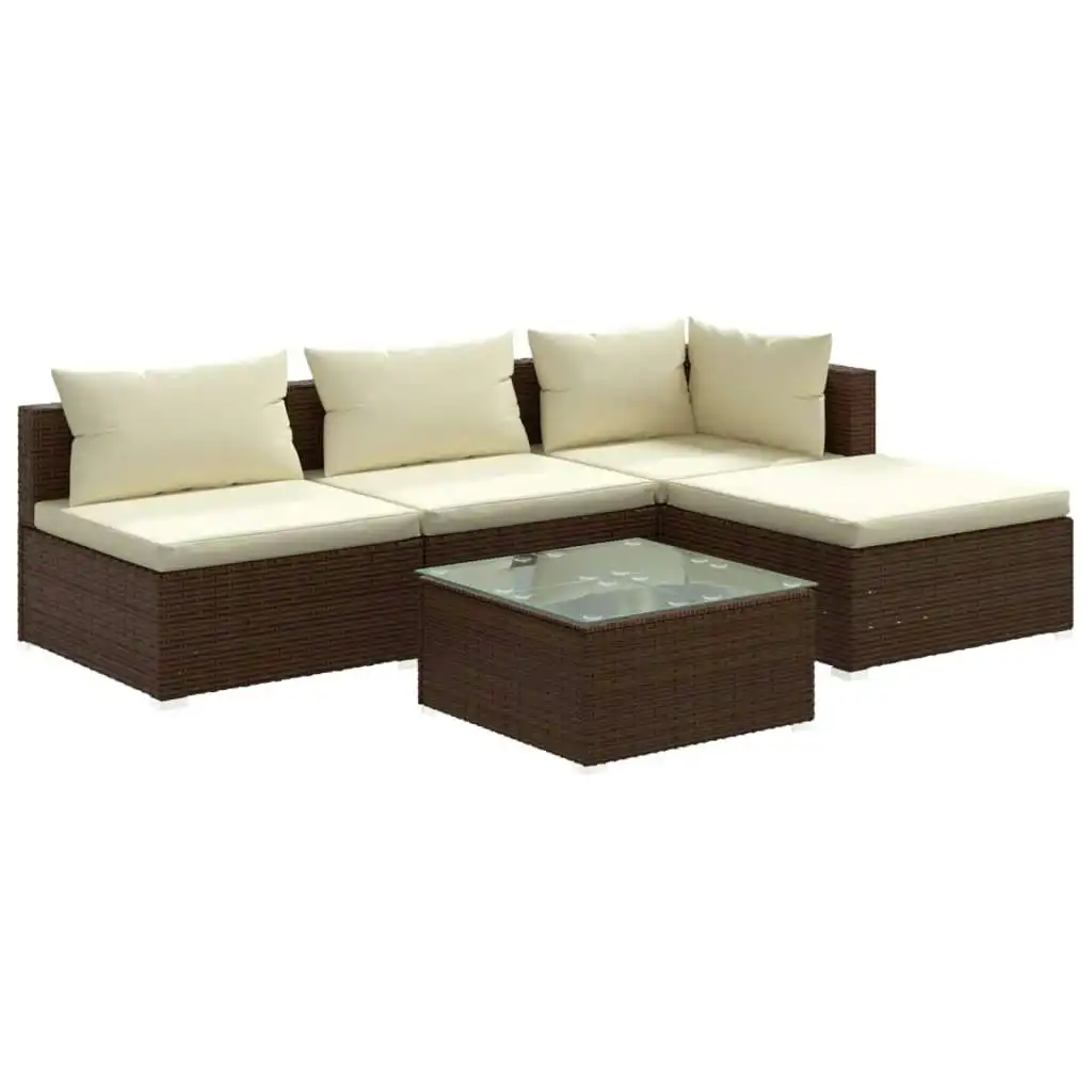 5 Piece Garden Lounge Set with Cushions Poly Rattan Brown 3101618