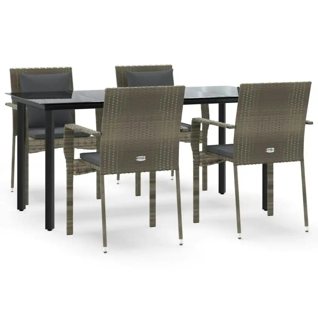5 Piece Garden Dining Set with Cushions Black and Grey Poly Rattan 3185116