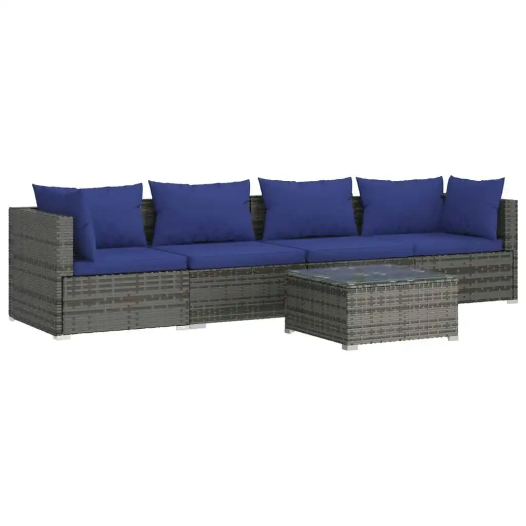 5 Piece Garden Lounge Set with Cushions Poly Rattan Grey 3101438