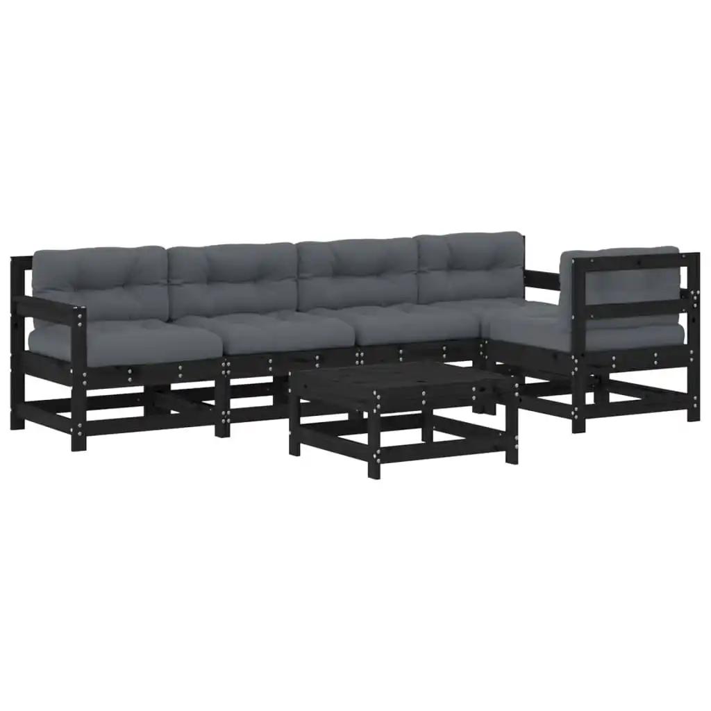 6 Piece Garden Lounge Set with Cushions Black Solid Wood 3185994