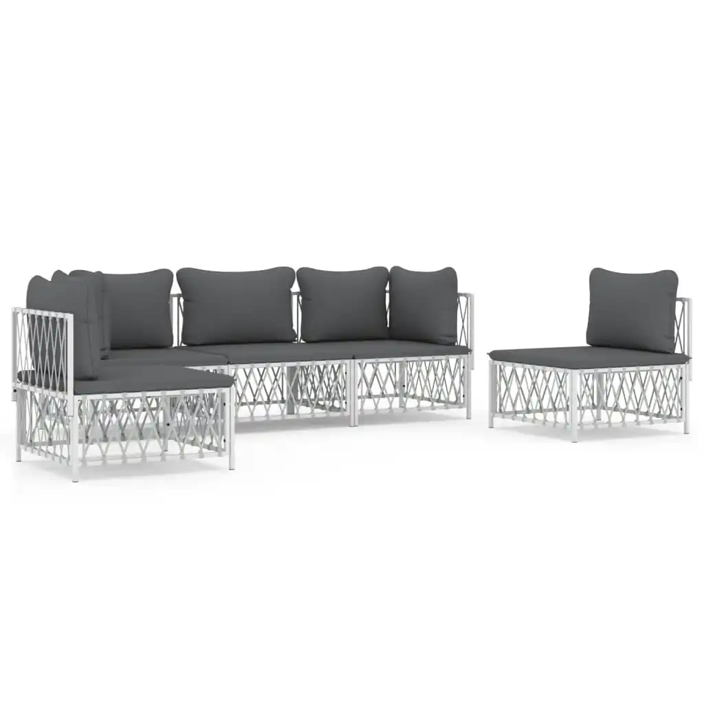 5 Piece Garden Lounge Set with Cushions White Steel 3186838