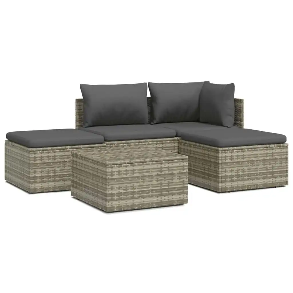 5 Piece Garden Lounge Set with Cushions Grey Poly Rattan 3157316