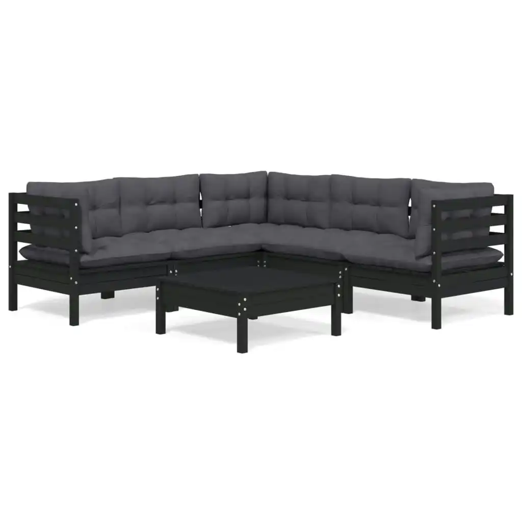 6 Piece Garden Lounge Set with Cushions Black Solid Pinewood 3096681