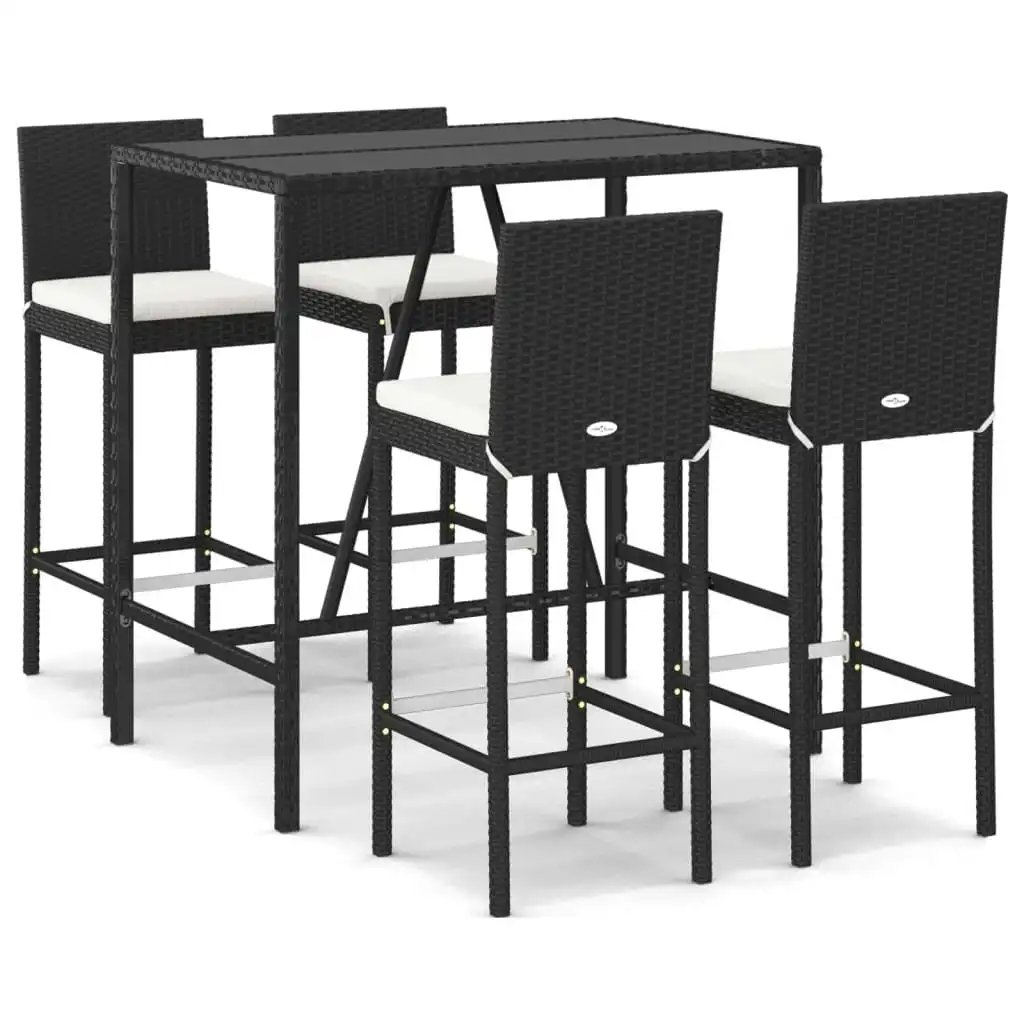 5 Piece Outdoor Bar Set with Cushions Black Poly Rattan 3187643