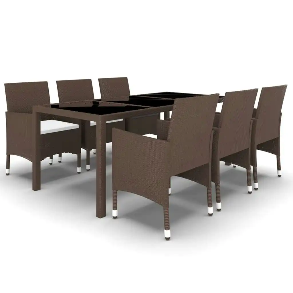 7 Piece Garden Dining Set Poly Rattan and Tempered Glass Brown 3058441