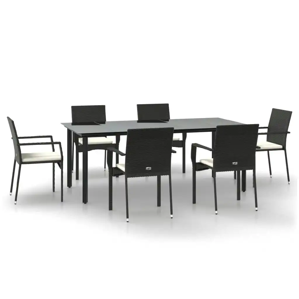 7 Piece Garden Dining Set with Cushions Black Poly Rattan 3185135