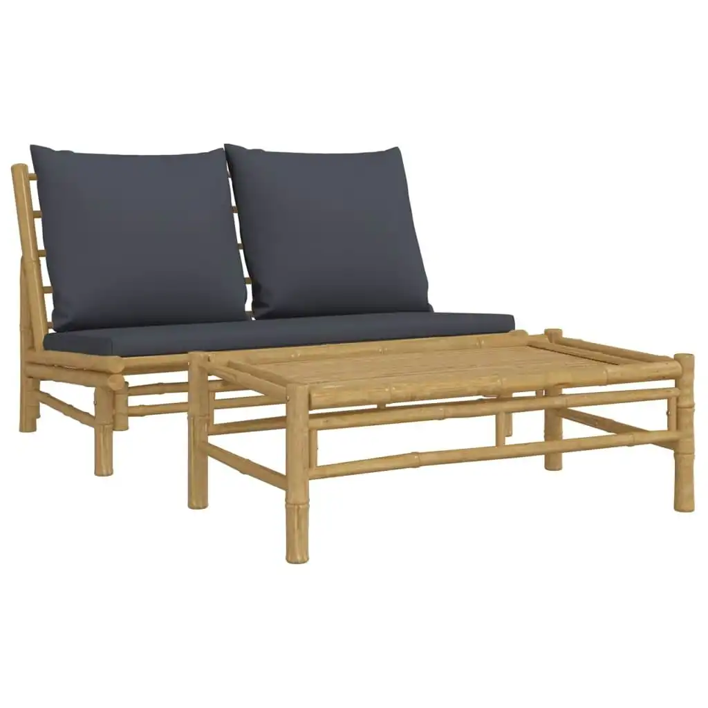 2 Piece Garden Lounge Set with Dark Grey Cushions Bamboo 363458