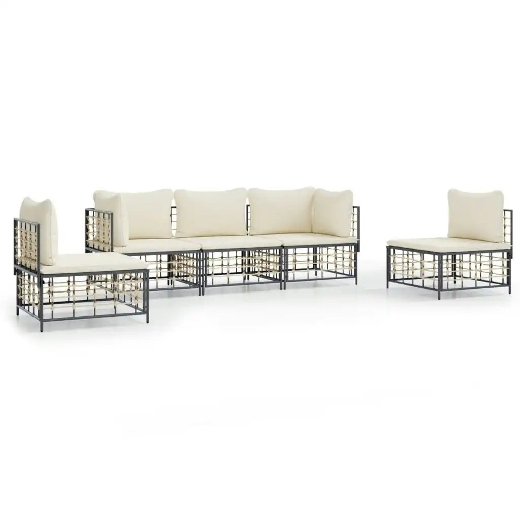 5 Piece Garden Lounge Set with Cushions Anthracite Poly Rattan 3186716