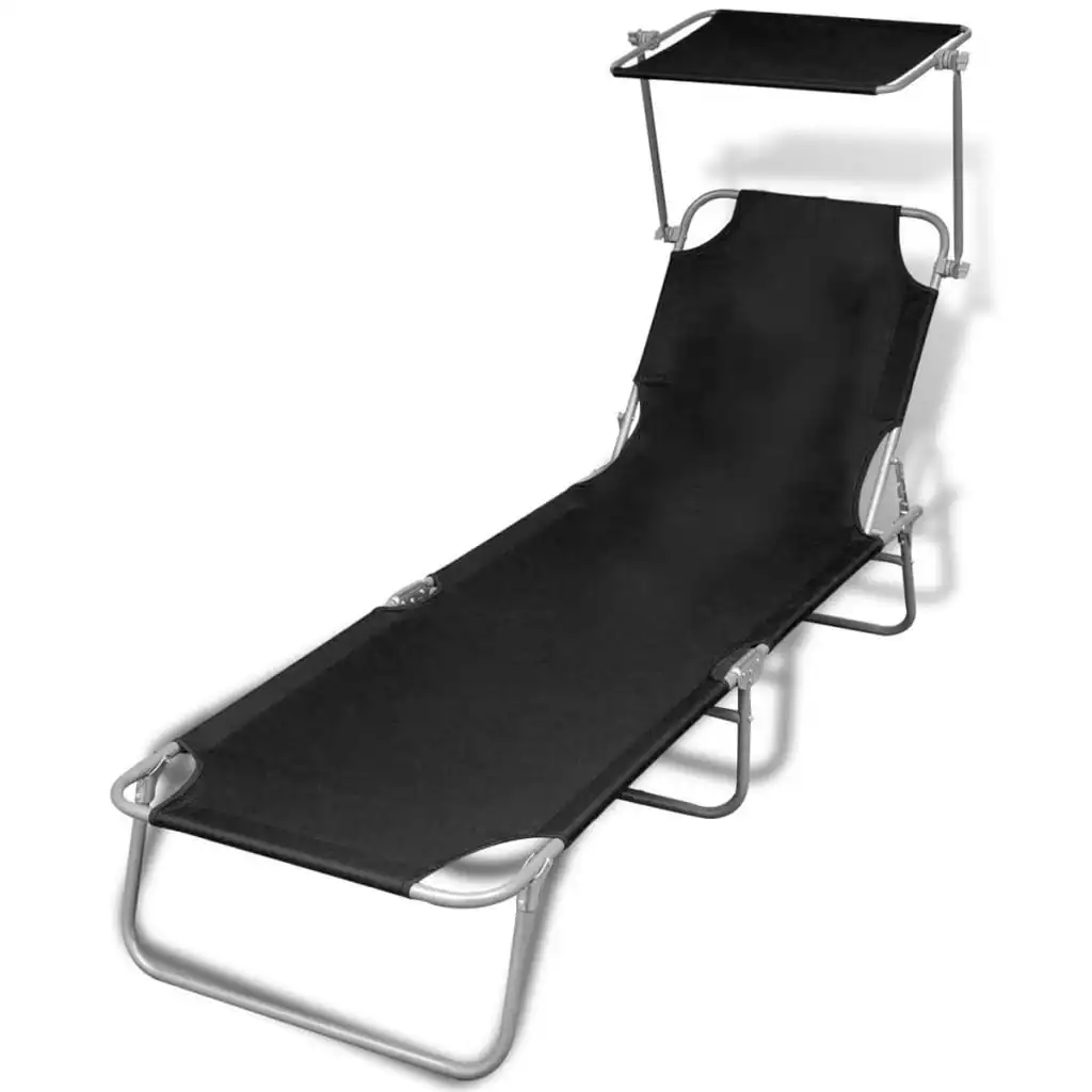 Folding Sun Lounger with Canopy Steel and Fabric Black 41197
