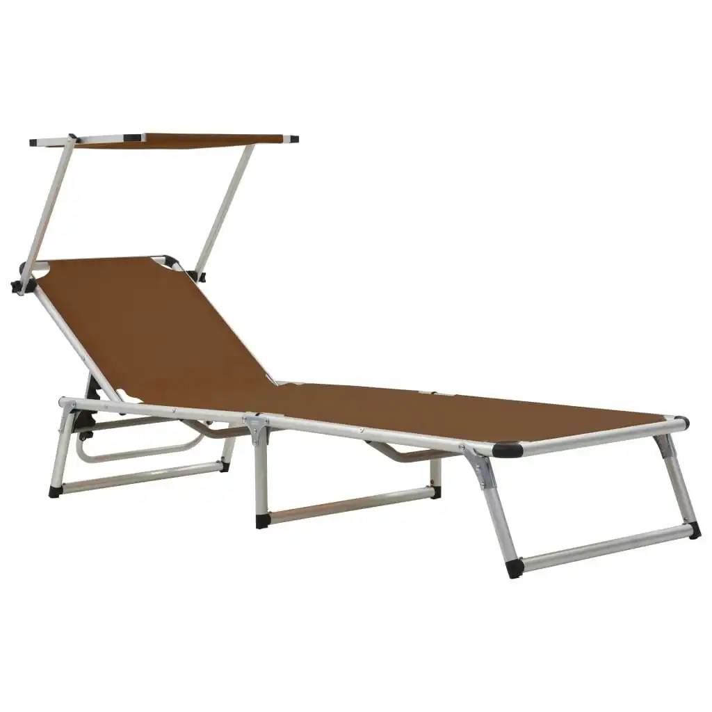 Folding Sun Lounger with Roof Aluminium and Textilene Brown 44336