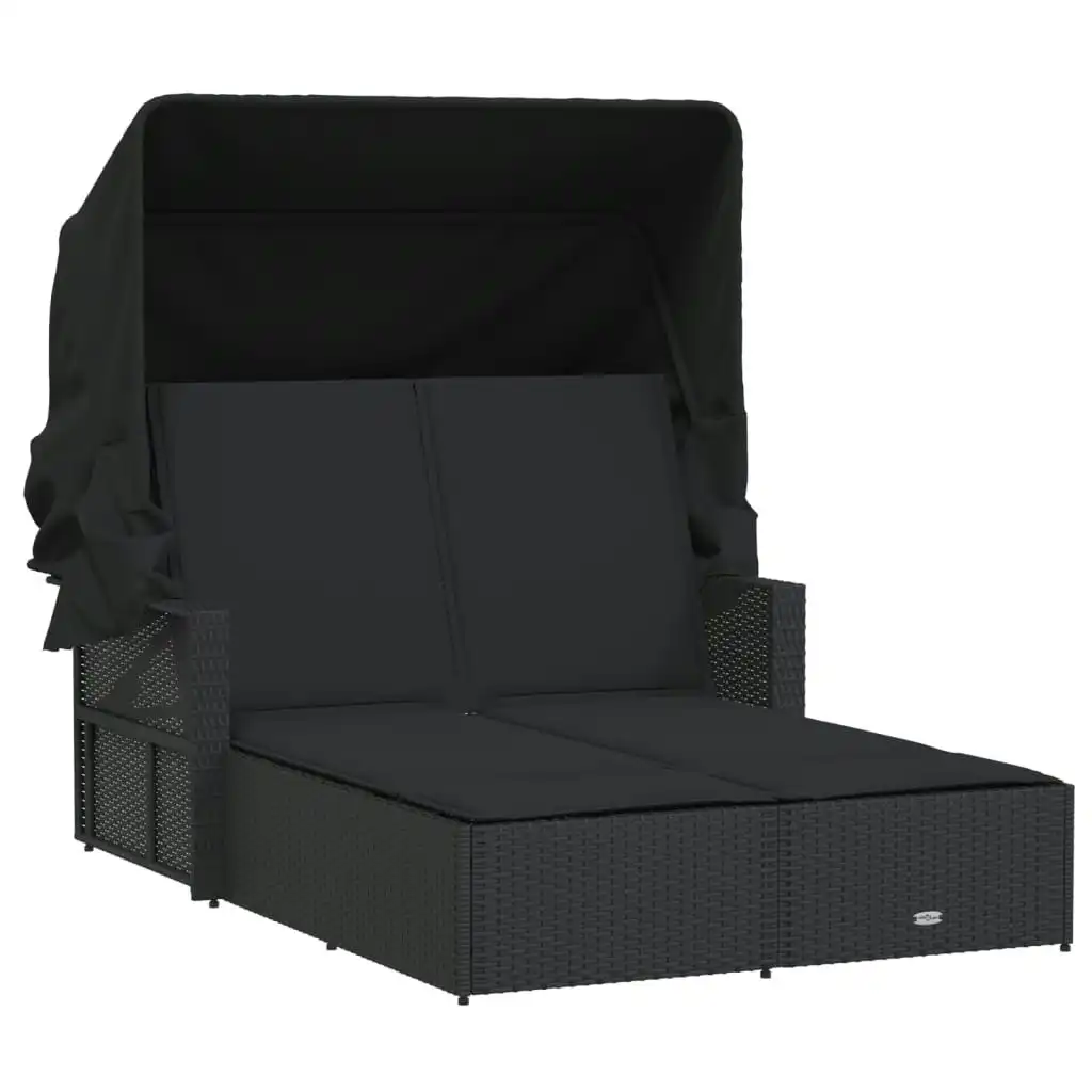 Double Sun Lounger with Canopy and Cushions Black Poly Rattan 365807